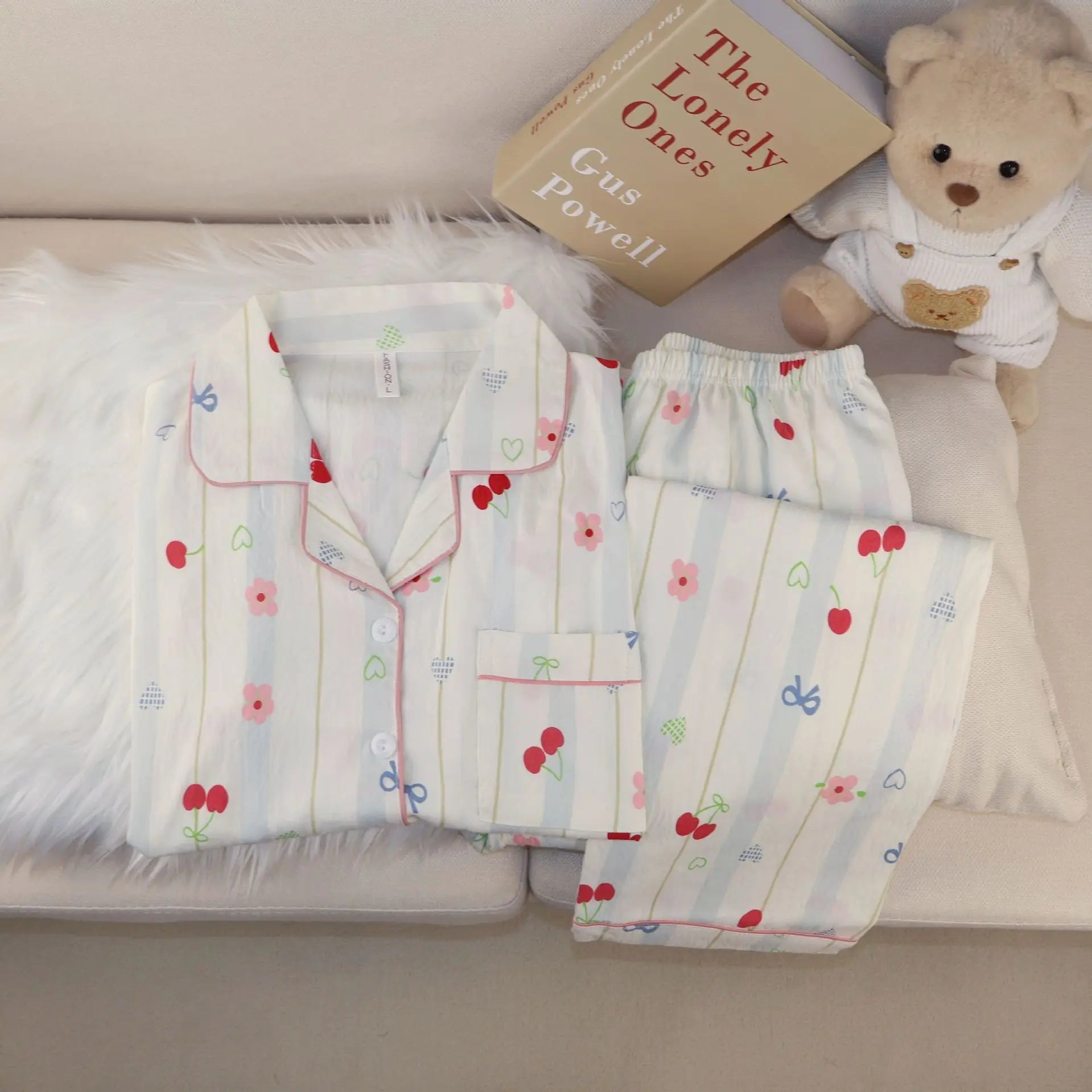 New Pajamas with Cherry Print for Girls Sweet Collared Cardigan Two-Piece Home Outfit Women's Sleepwear Homewear Student