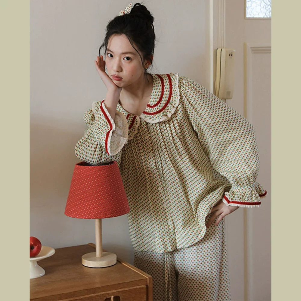2026 new 100% cotton sweet rose floral printing home wear set princess women loose 2 pieces pajamas sets for spring summer