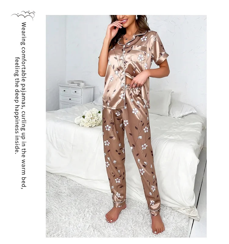 Ladies Floral Print Pajamas Set Autumn Short Sleeve Buttons Top & Elastic Waistband Pants Women's Sleepwear Loungewear Pj Sets