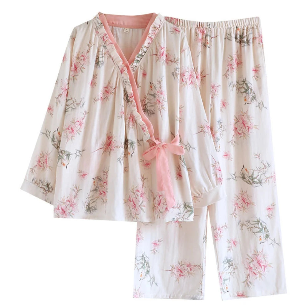 Floral Print Sleepwear Woman Nightwear Cotton Pajamas Set Long Sleeve Home Wear Pyjamas 2025 Spring New Two-piece Set Loungewear
