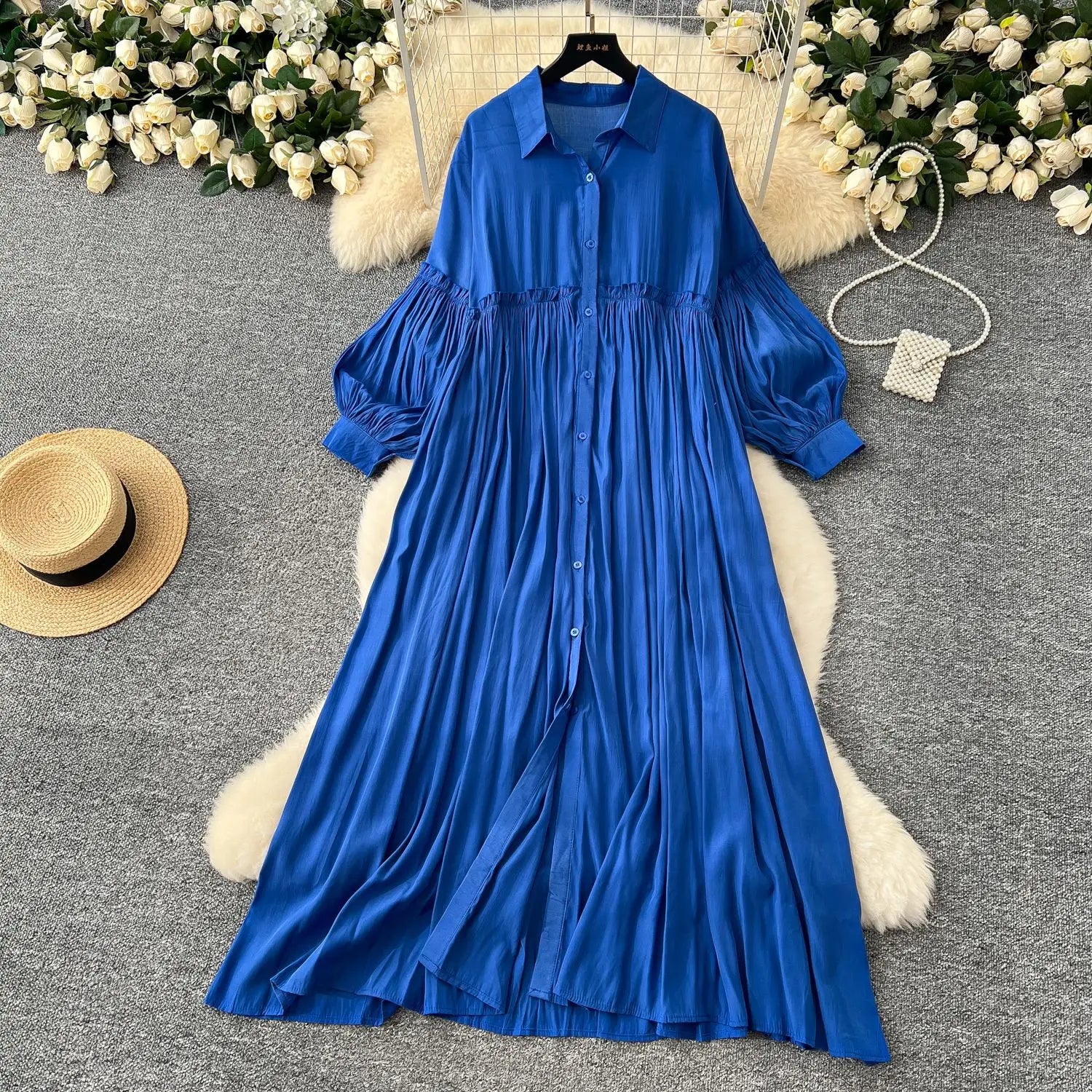 Pleated Dress Women Long Dresses A Line Vestidos Streetwear Lantern Sleeve Elegant Splice Y2k Single Breasted Loose Summer 2025