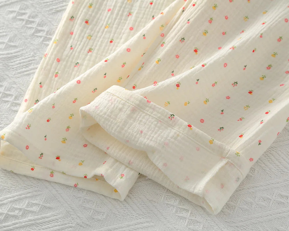 Pajamas pure cotton three-piece set spring and summer thin crepe autumn gauze lapel short-sleeved trousers shorts loungewear set