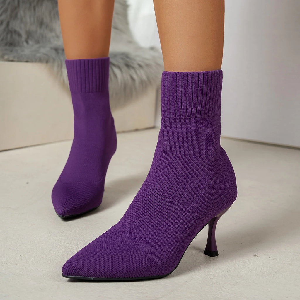 Spring Autumn Women Ankle Boots Slip-On Green Chelsea Boots Women Luxury Stretch Fabric Women Socks Shoes Pointed Toe High Heels