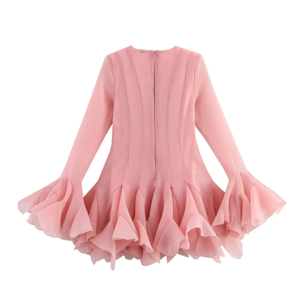 2026 Summer Women's Elegant Multi-Layered Ruffled Hem Mini Dresses Lady Sweet French Style Long Flare Sleeve Slim Fit Puffy Robe