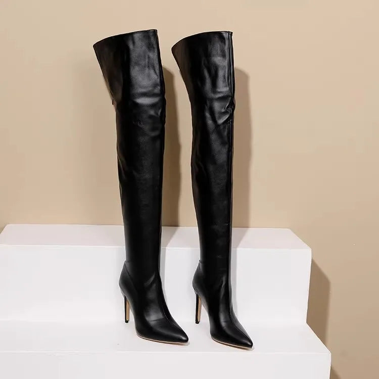Women Boots Red Black Pointy Toe Thigh High Long Boots Autumn Winter Zip Over-the-Knee Boots Party Shoes Plus Size 46 Stiletto