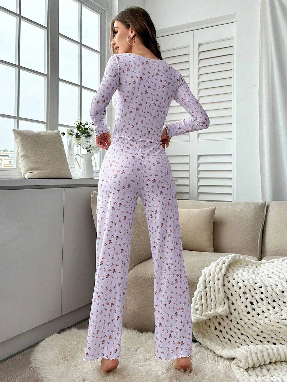Women Sexy Floral Print Pajama Sets Soft Comfortable Long Sleeve Top and Pants Loungewear Sleepwear Two Piece Set Homewears