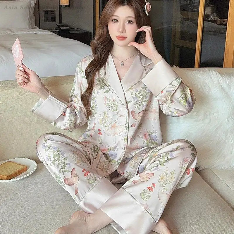 Print Flower 2PCS Top&pants Pajamas Lady Sweet Cute Home Clothes Spring Summer New Pijama Mujer Sexy Loose Sleepwear Women Pjs