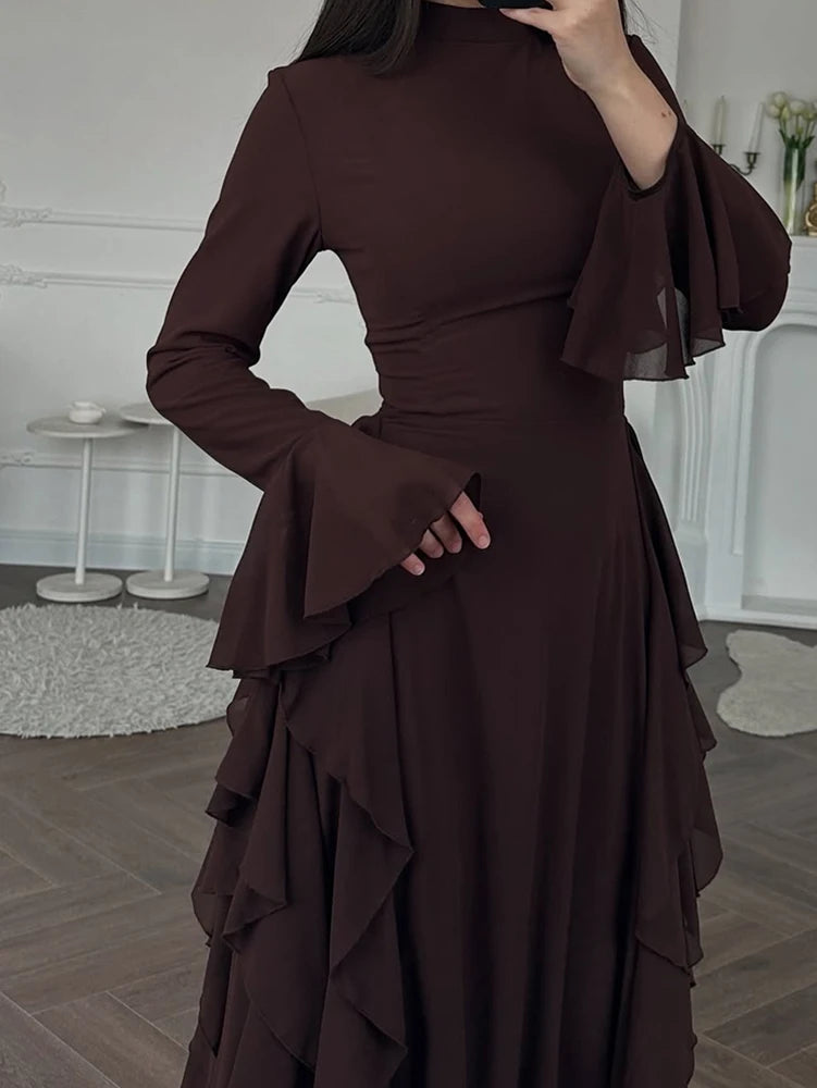 2025 European and American Women's Elegant Casual High-Waisted Solid-Colour Bell-Sleeve Dress Long Dress with Long Sleeves