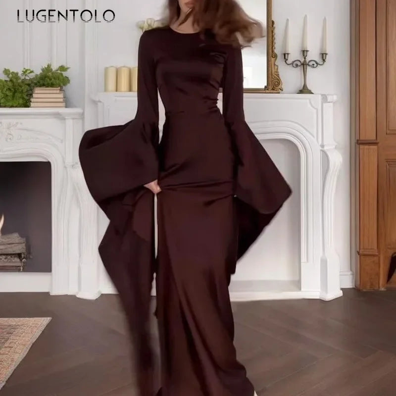 Women Cocktail Party Dress Big Swing Middle Eastern Long Floating Sleeves Slim Empire Lady Banquet Solid Maxi Clothing