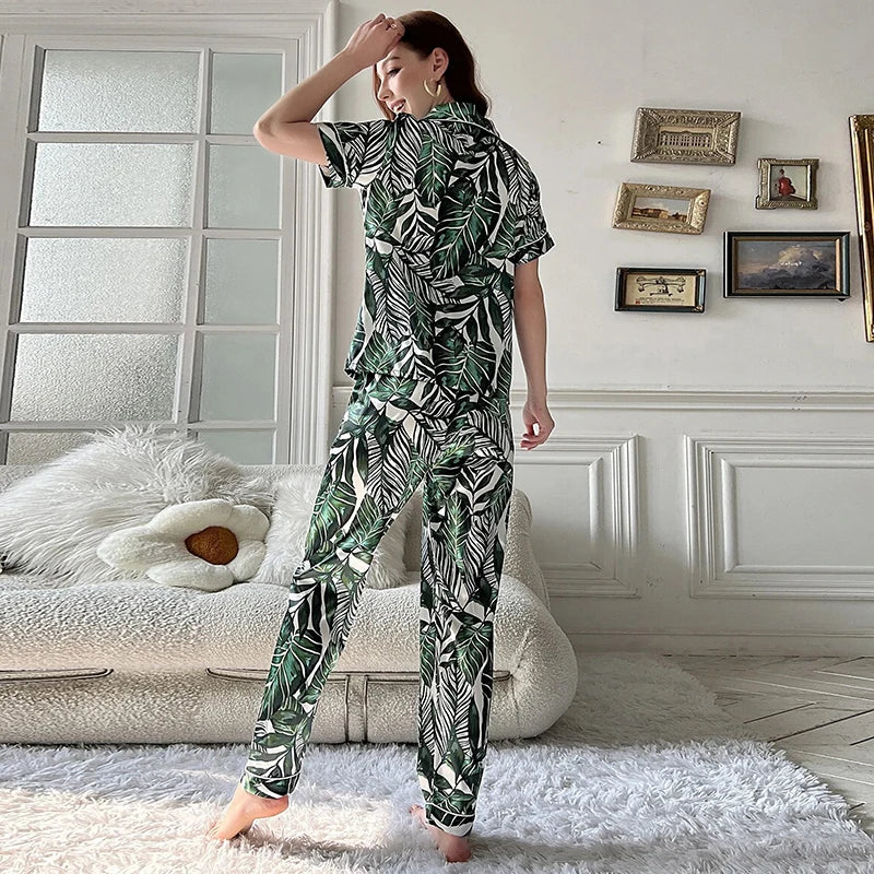 Spring Autumn pajama women Silk Satin pajamas set Long sleeve Shirt with Trouser Sleepwear Loungewear Female Pyjamas Suits Mujer