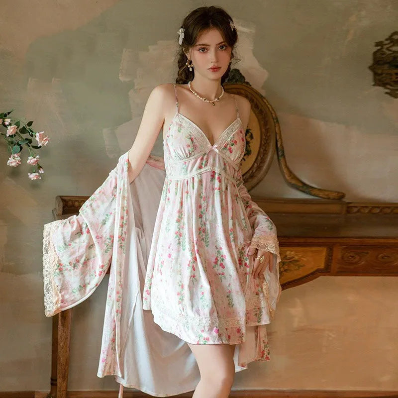 Velvet floral Nightgown Set deep V temptation with chest cushion sling dress and robe set sweet homewear Phoentin FG710
