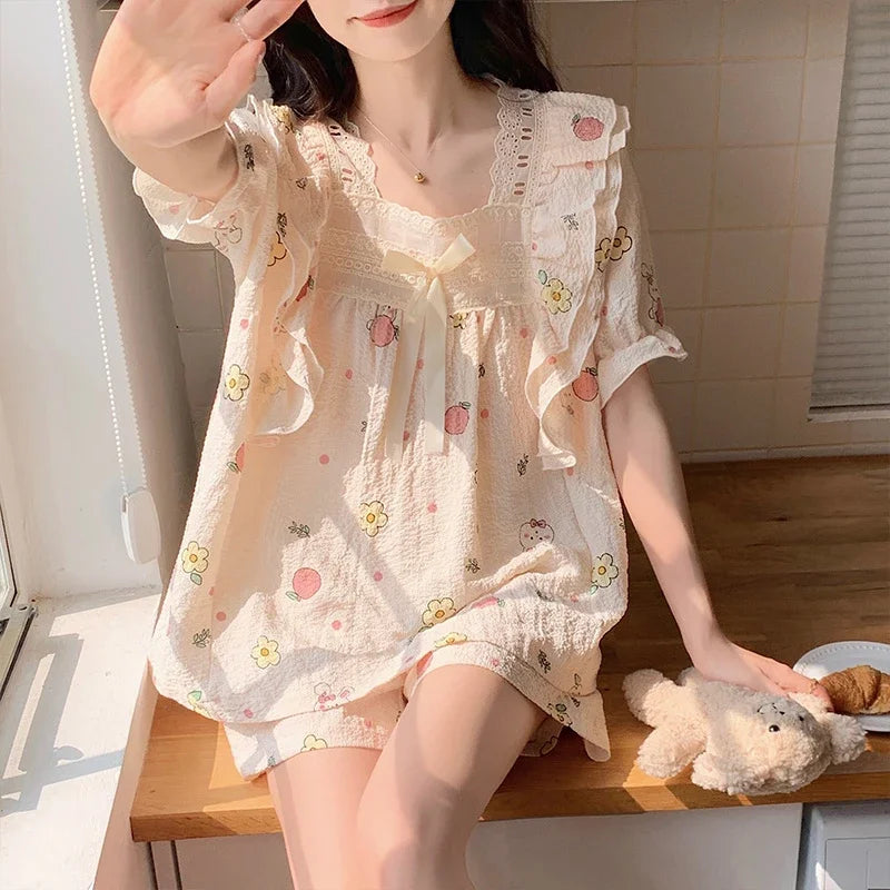 Women's Summer Floral Animal Print Short Sleeve Pajama Set  Cute Cartoon 2-Piece Pajamas Square Collar Kawaii Nightwear