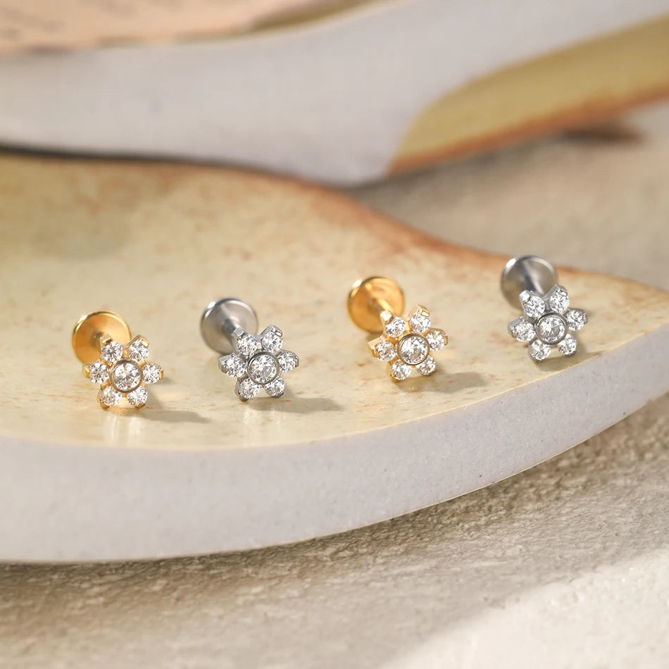 1Pc Titanium Ear Cartilage Stud Earrings for Women Internal Thread Zircon Flower Ear Lobe Tragus Helix Lip Rings Jewelry 16G