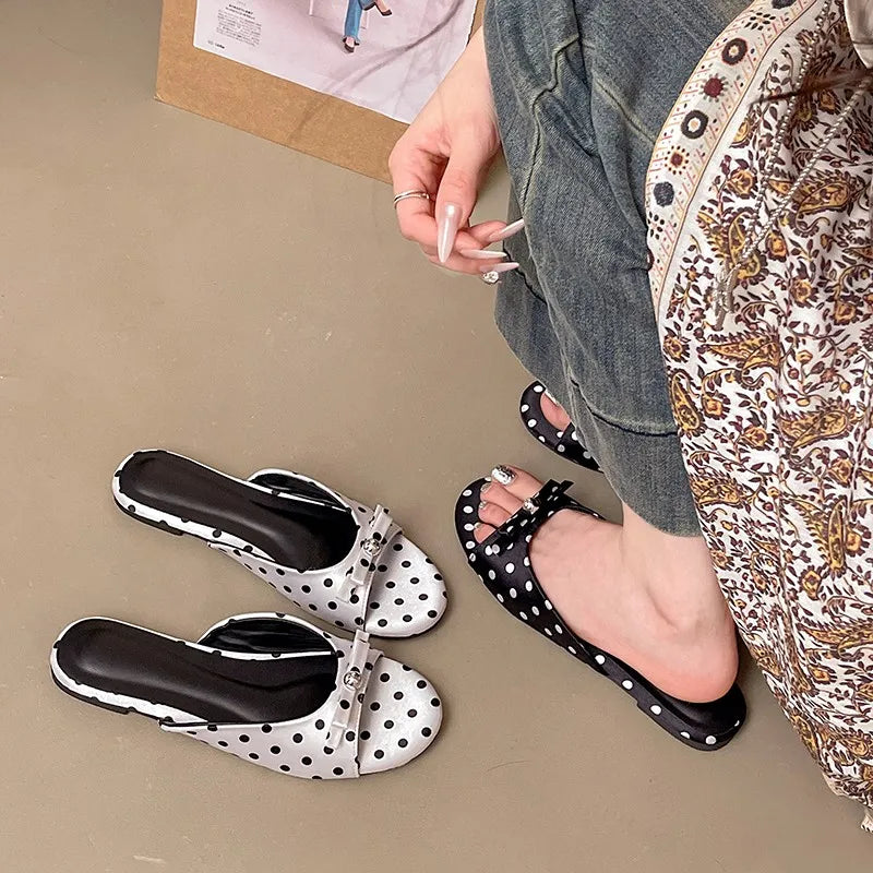 Cute Polka Dot Women Slippers Comfortable Soft Sole Slip On Flats Dress Shoes 2026 Summer Outdoor Beach Vacation Slides Shoes
