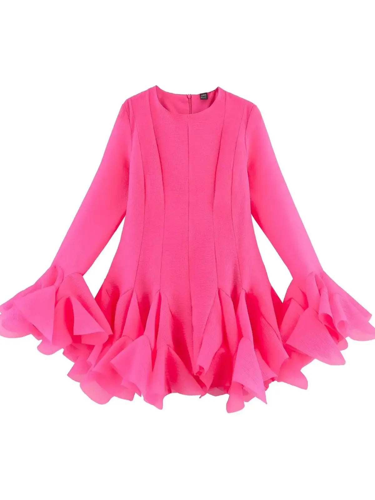 2026 Summer Women's Elegant Multi-Layered Ruffled Hem Mini Dresses Lady Sweet French Style Long Flare Sleeve Slim Fit Puffy Robe