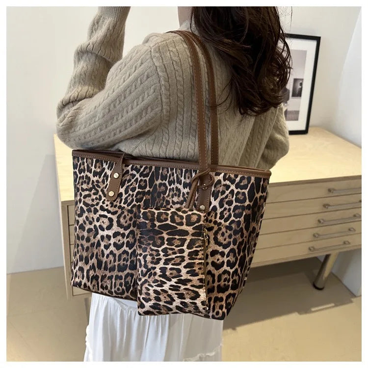 Women's Leopard Print Tote bag Pu Leather Underarm Bags Simple Casual Travel Shopping Bag Large Capacity Mother and Child Packag