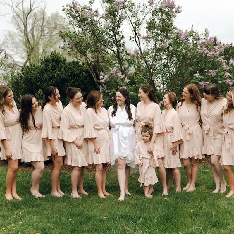Personalized Bride Bridesmaid Robes Chiffon Ruffle Trim Kimono Birth Flower Ruffle Robe Set Bridal Shower Proposal Dressing Gown
