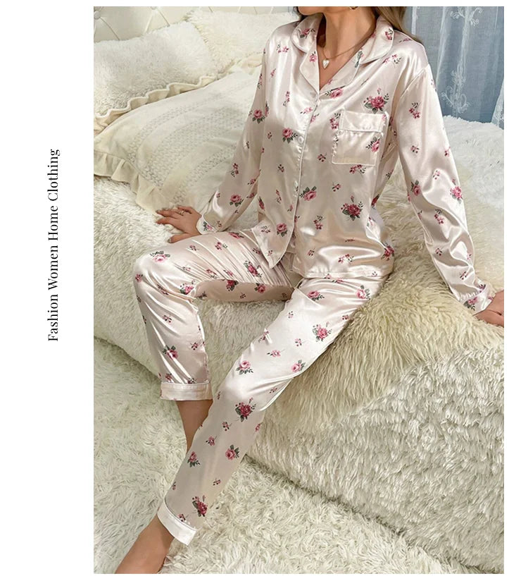 Pajamas For Women's Floral Print Long-Sleeved Sleepwear Button Down 2 Piece Soft Loungewear Pjs Set Pajama Pants Homewear