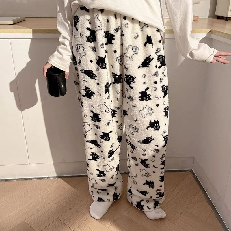 Black Cat Cartoon Pajamas Pants Kawaii Christmas PJS Korean Women Winter Warm Fluffy Flannel Sleepwear Girls Cute PJ Pants