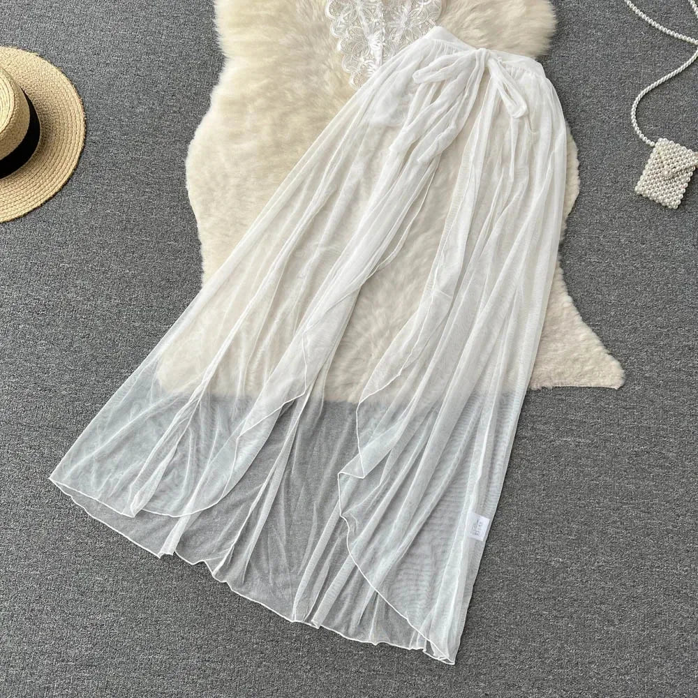 new Women's Multicolour Transpar Sexy Charming Flowing Mesh Long Skirt With Girls V-neck Lace Hollowed out Flower Top Two Pieces