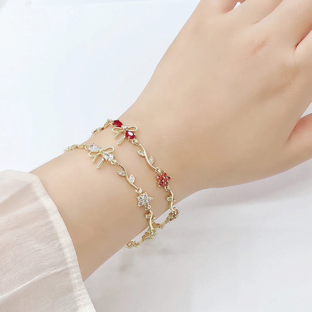 Hot Sale Rhinestone Bowknot Floral Bracelet Gold Plated Crystal Flower Vine Bracelet Fashion Wedding Party Jewelry Gift for Her