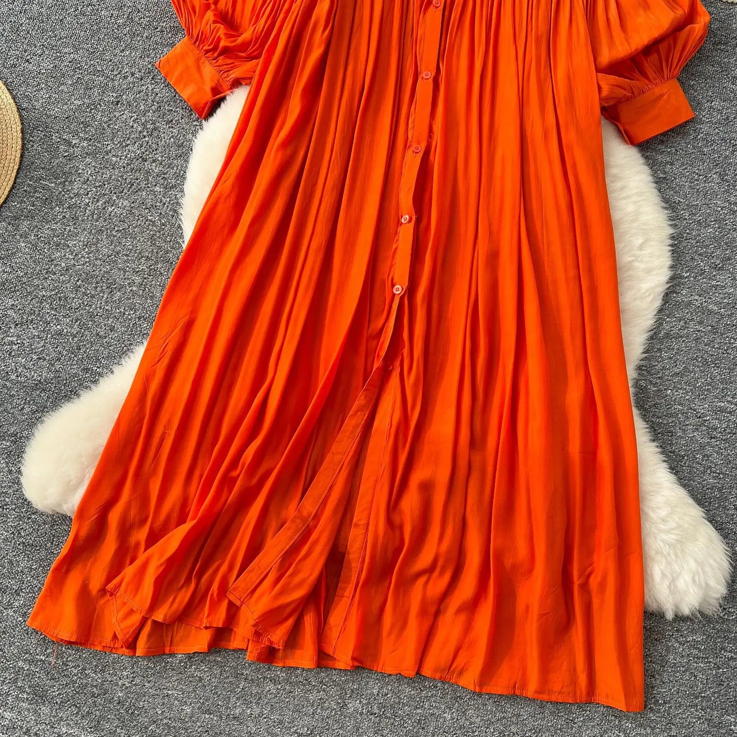 Pleated Dress Women Long Dresses A Line Vestidos Streetwear Lantern Sleeve Elegant Splice Y2k Single Breasted Loose Summer 2025