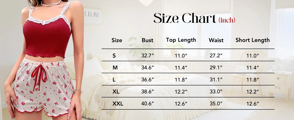 Women’s Lace Trim Cami & Floral Shorts Pajama Set, Soft Ribbed Two-Piece Sleepwear, Sexy Summer Loungewear Nightwear Outfit