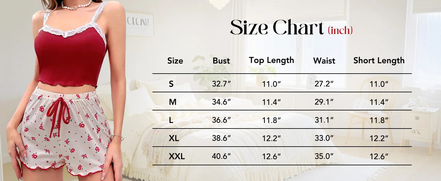 Women’s Lace Trim Cami & Floral Shorts Pajama Set, Soft Ribbed Two-Piece Sleepwear, Sexy Summer Loungewear Nightwear Outfit