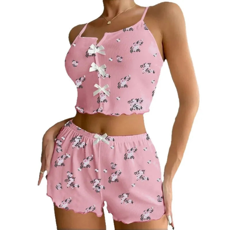 Sexy Summer Sleepwear for Women Fashion Floral Print Pajama Set V Neck Cami Top Lettuce Trim Shorts Sexy Lingerie Loungewear