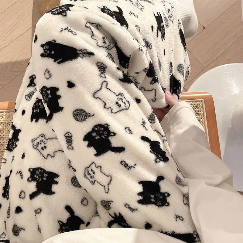 Black Cat Cartoon Pajamas Pants Kawaii Christmas PJS Korean Women Winter Warm Fluffy Flannel Sleepwear Girls Cute PJ Pants