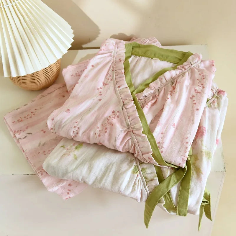 Japanese Kimono Style Pajama Set Women Ruffle V Neck 100% Cotton Crepe Loungewear Breathable Floral Sleepwear for Spring