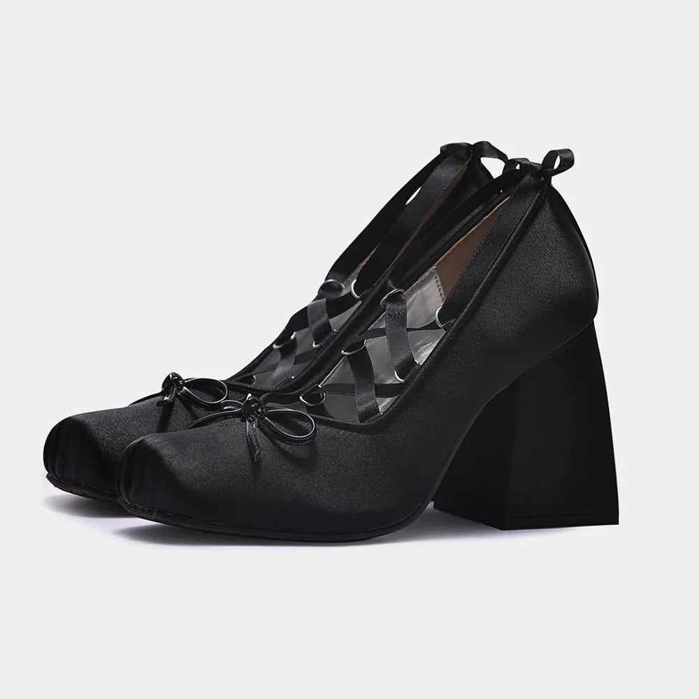 2026 Spring Satin Cute Lolita Women Mary Janes Shoes Chunky High Heels Ballet  Shoes Lace Bowknot Ladies Shoes For Woman Pumps