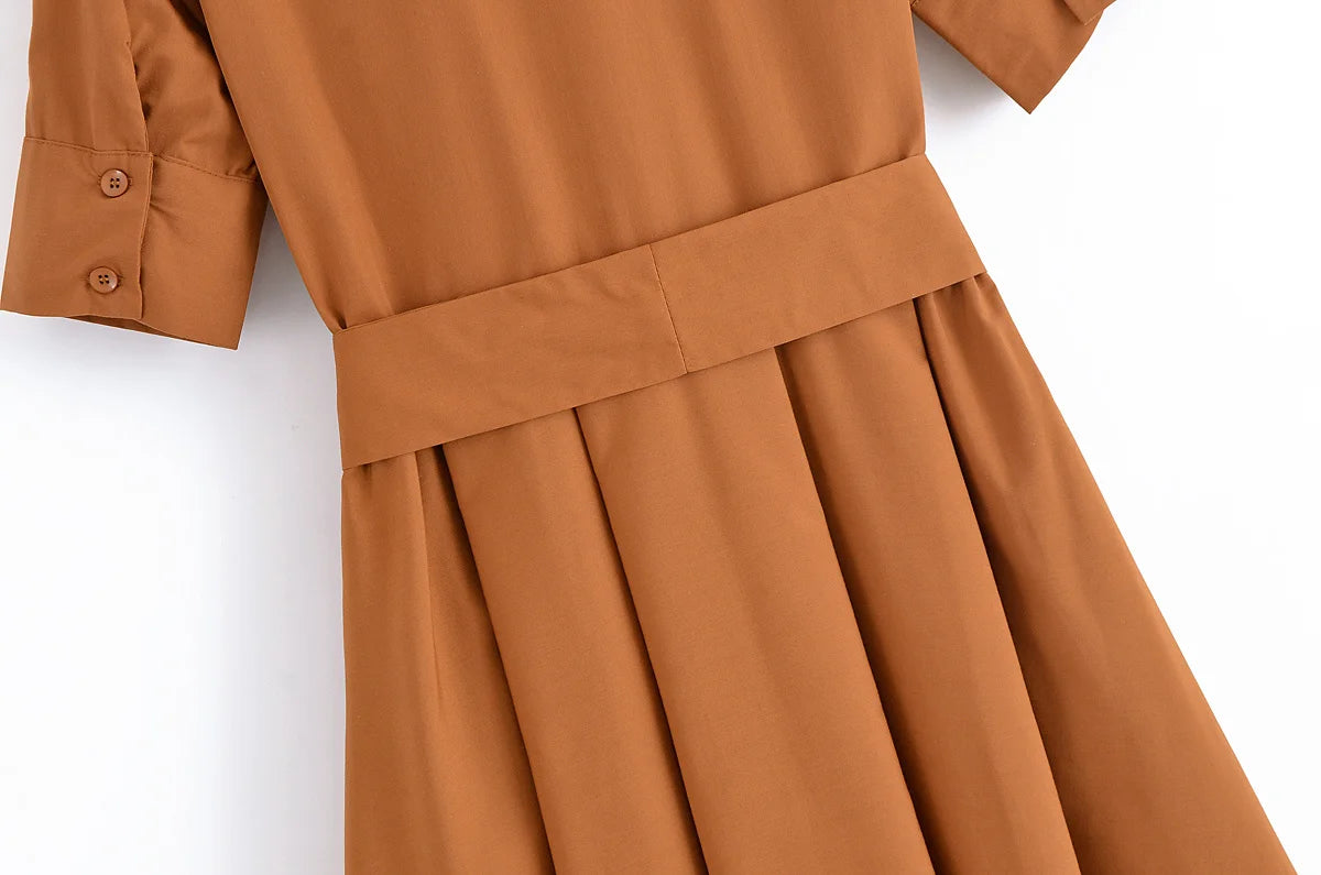 HH Women Summer Lapel Short Sleeve Pocket Single-Breasted Belt Decorate Midi Dress Female Fashion Shirt Style Pleated Dress