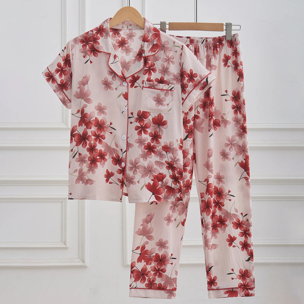 Womens Floral Printed Pajamas Set, Short Sleeve Button Down Sleep Shirts & Pants, Soft Breathable Loungewear