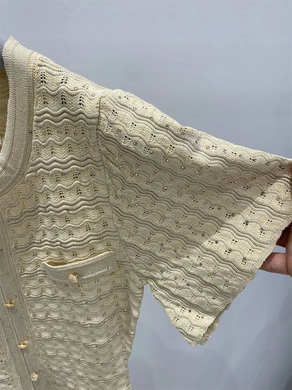 New summer single-breasted round neck knit crochet short-sleeved dress, high-quality and fashionable over-the-knee long skirt