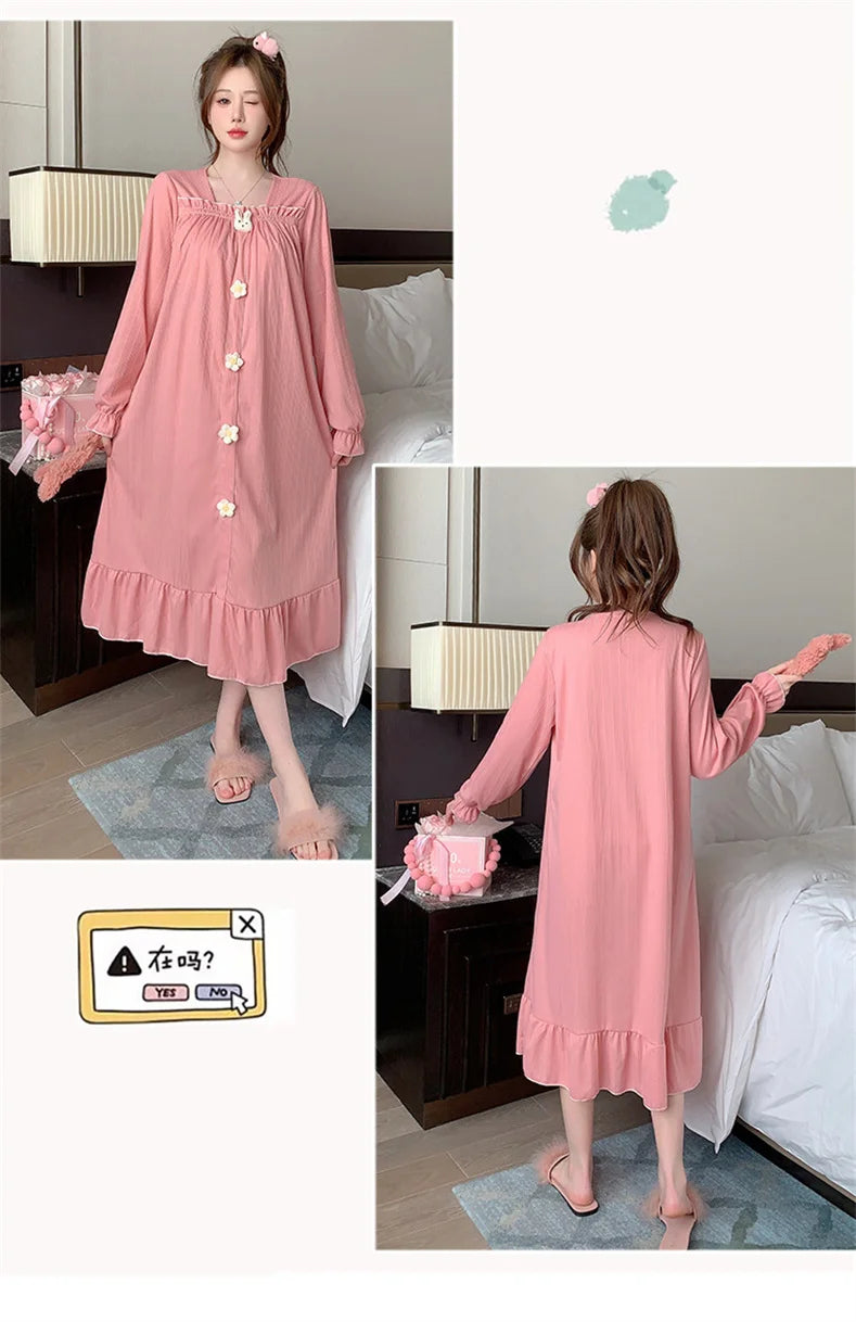 Autumn Winter New Women Cotton Nightdress With Chest Pad Long Dress Sweet Loose Long Sleeve Home Wear