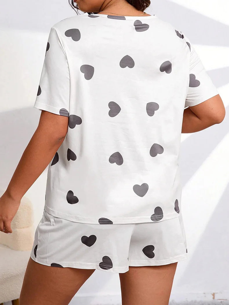 5XL Plus Size Women Pajama Set Print Sleepwear Short Sleeve Top with Shorts Summer Comfy Sleepwear 2 Pieces Loose Home Clothes