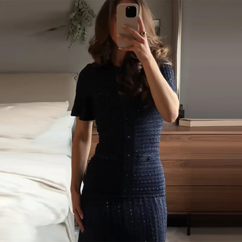 Cinched Waist Sequin Maxi Dress for Women Round Neck Short Sleeved Knitted Dresses 2026 NEW Hollow Out Single Breasted Midi Robe