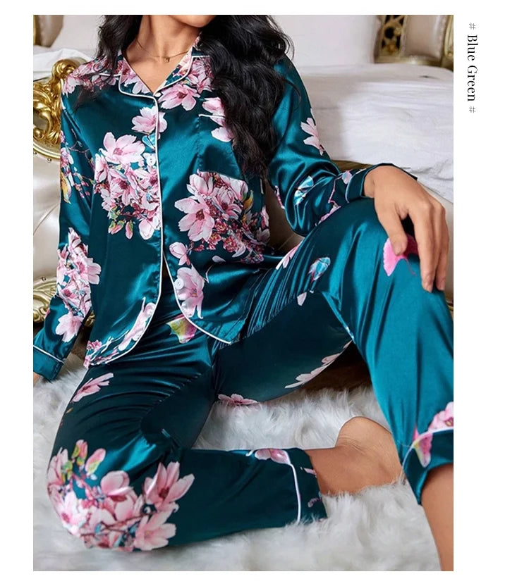 Pajamas For Women's Floral Print Long-Sleeved Sleepwear Button Down 2 Piece Soft Loungewear Pjs Set Pajama Pants Homewear