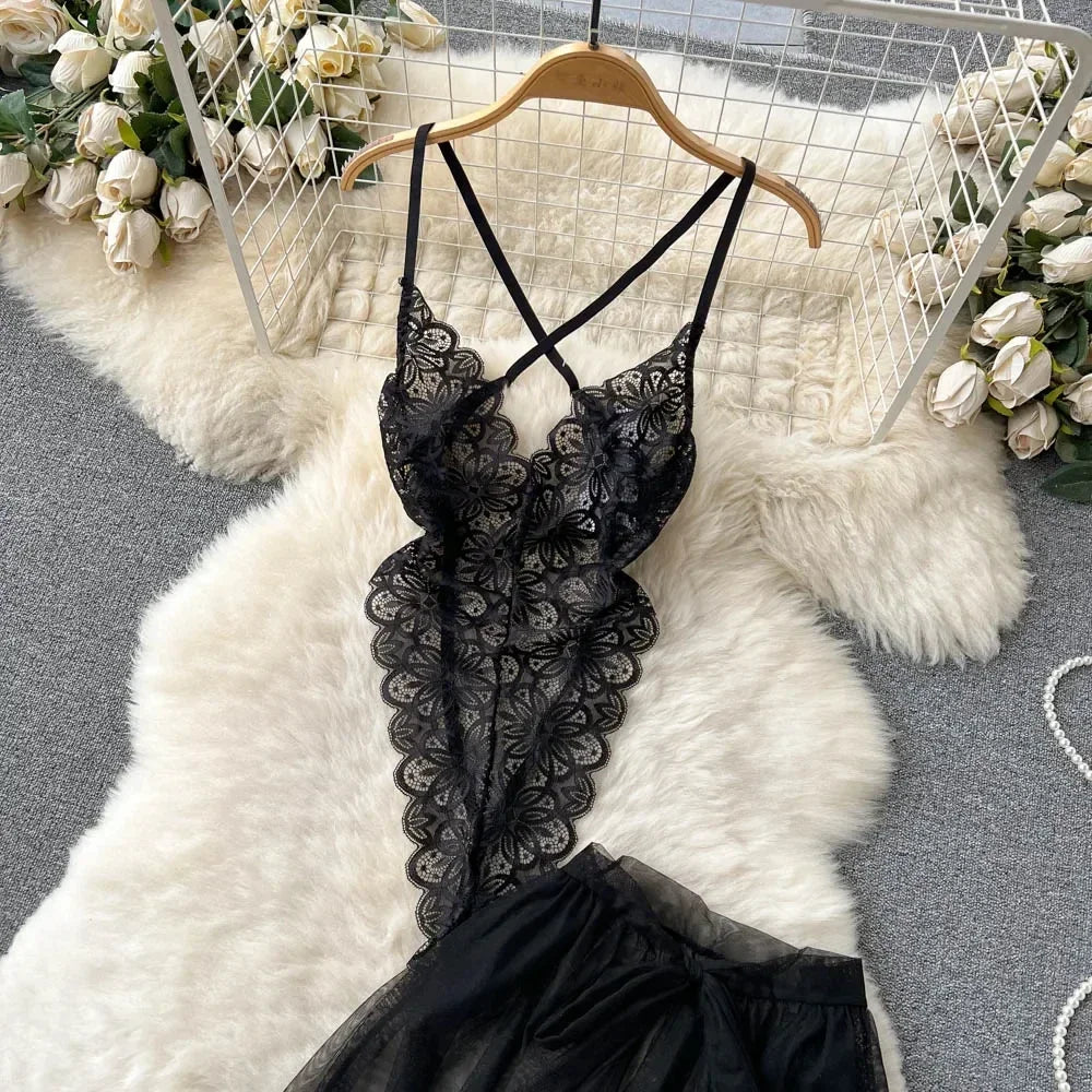 new Women's Multicolour Transpar Sexy Charming Flowing Mesh Long Skirt With Girls V-neck Lace Hollowed out Flower Top Two Pieces