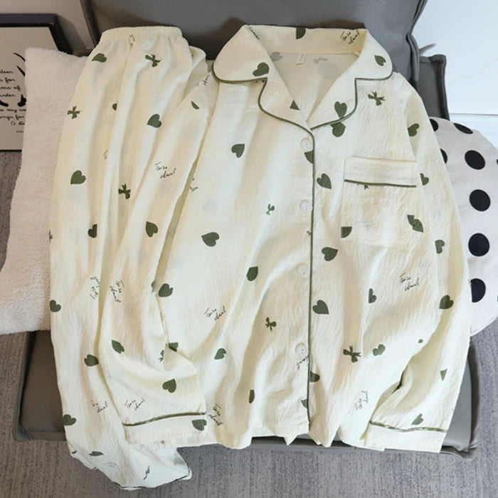 Flower Print Women Autumn Two Piece Pajama Set Long Sleeve V Neck Top & Elastic Waist Pants 2 Pieces Female Sleepwear Nightwear