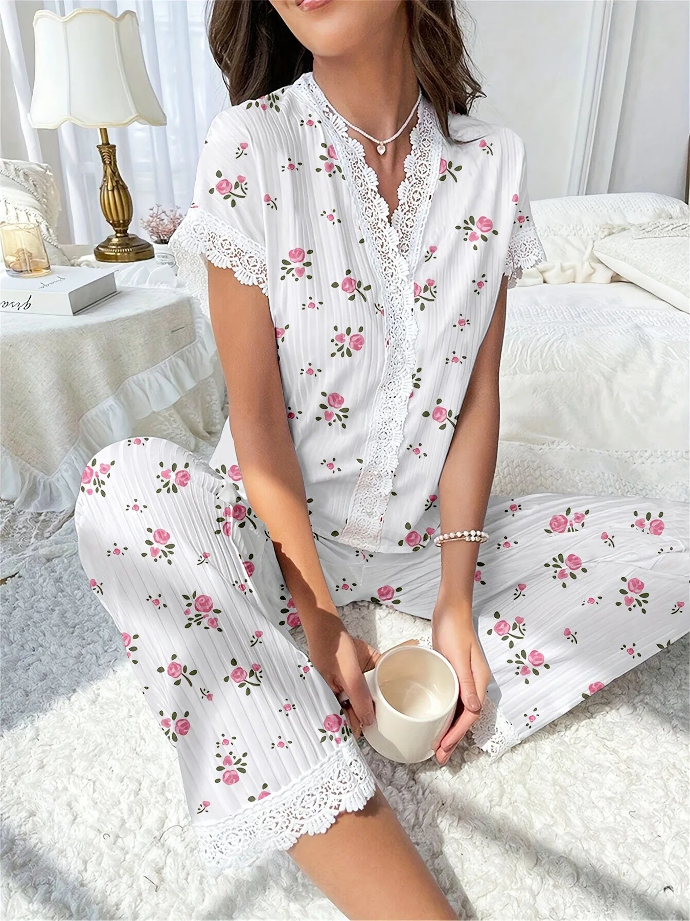 Lace Trim Women Pajama Set Short Sleeve Front Button Top & Full-Length Pants Cherry Print 2 Pieces Sleepwear Nightwear Homewear