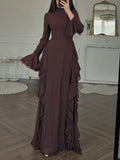 2025 European and American Women's Elegant Casual High-Waisted Solid-Colour Bell-Sleeve Dress Long Dress with Long Sleeves