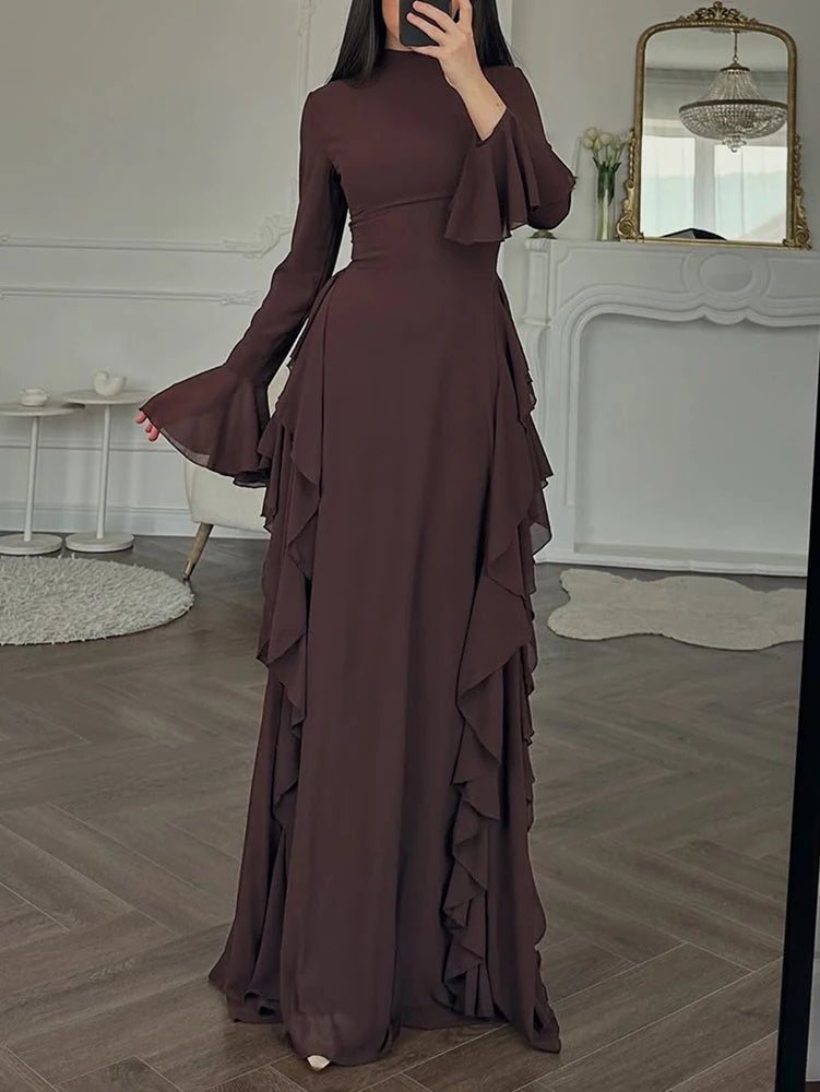 2025 European and American Women's Elegant Casual High-Waisted Solid-Colour Bell-Sleeve Dress Long Dress with Long Sleeves