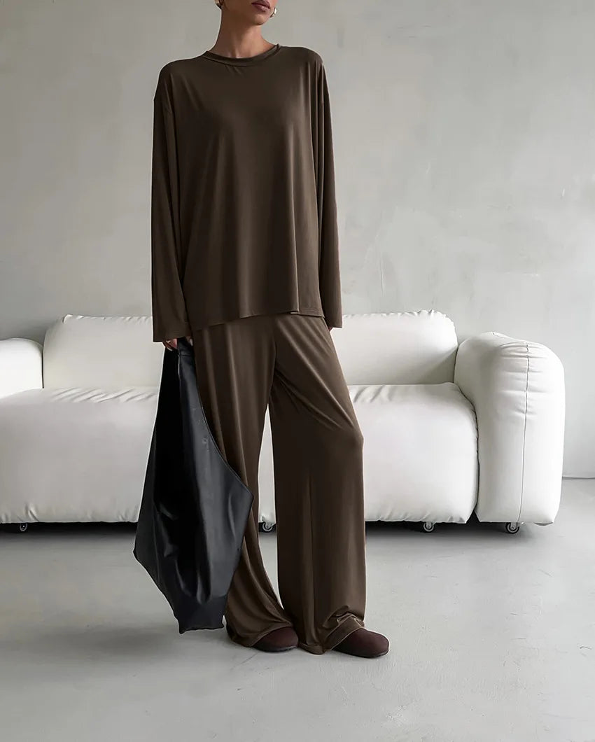 New 2026 Brown Loose Female Sleepwear Suit O-Neck Nightgowns Long Sleeve Nightwear Wide Leg Pants Women's Pajamas 2 Piece Set