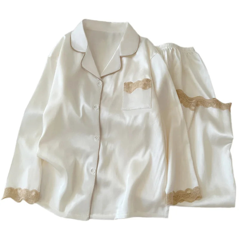 Women's Spring/Autumn Ice Silk Nightwear Set Luxurious Lace Trim Long-Sleeved Lightweight Homewear Actual Product Photography