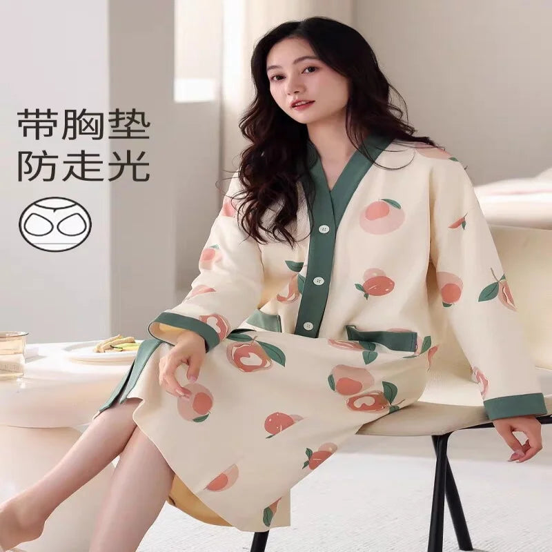Big Size M-5XL Spring and Autumn Women Nightdress With Chest Pad Femme Knited Cotton Nightwear Floral Nightgown