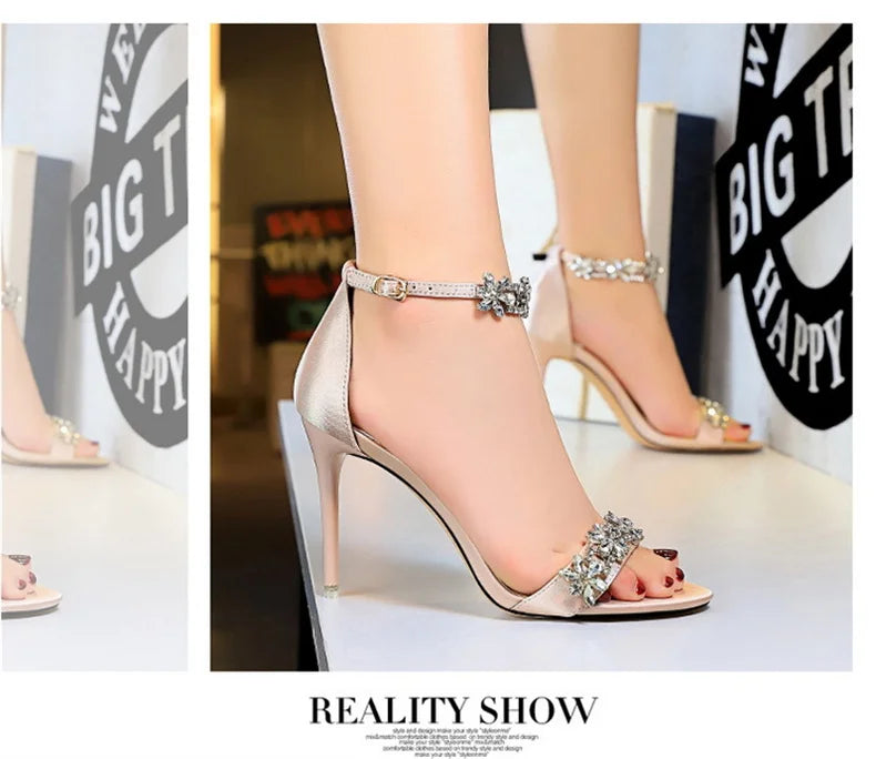 Open Toe Rhinestones Sandals Women 2024 New Designer Luxury High Heels Female Shoes Summer Heeled Satin One Word Belt 368-1