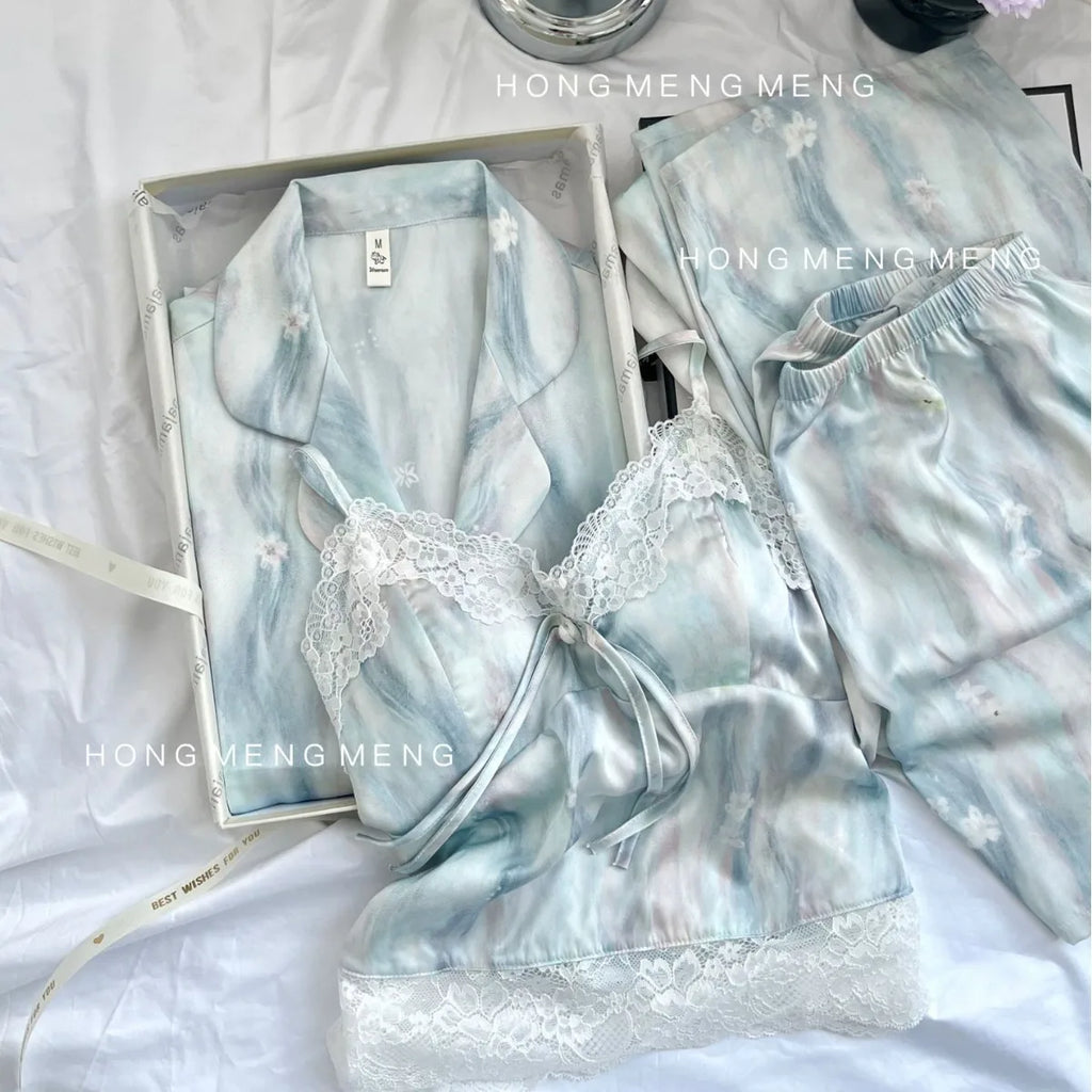Princess Style Floral Print Pajamas Suit 4Pcs Cami Top Shorts Pants Ice Silk Loungewear Lady Sexy Lace Trim Home Clothes