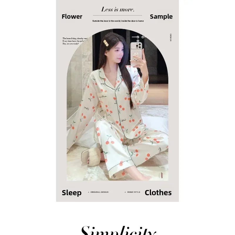 Sweet Cherry Print Satin Long Sleeve Pajama Set Soft Comfortable Loungewear for Women